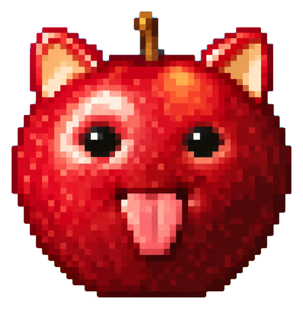 Pommeow, a red apple with cat ears and its tongue out